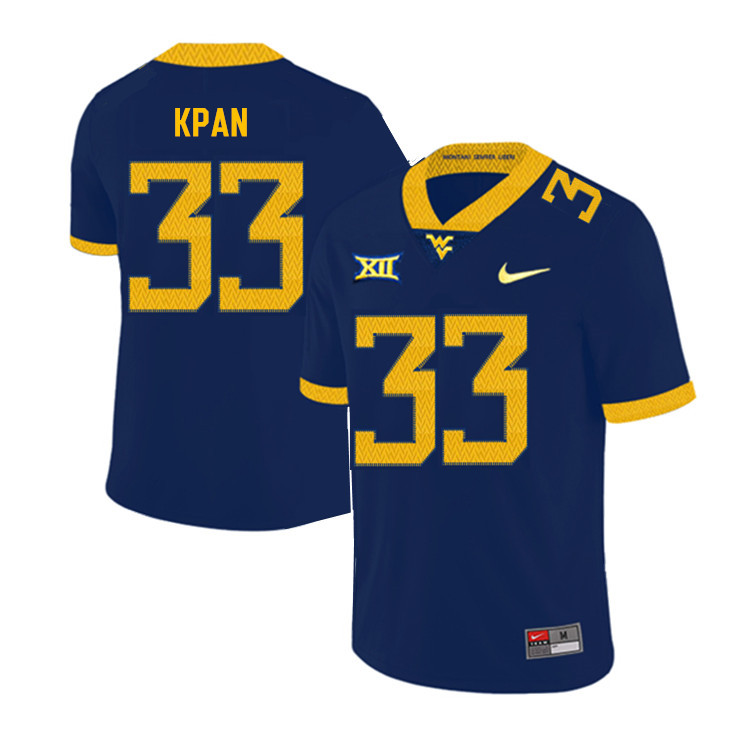 NCAA Men's T.J. Kpan West Virginia Mountaineers Navy #33 Nike Stitched Football College 2019 Authentic Jersey AR23I21WQ